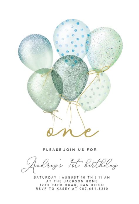 Whimsical Glitter Balloons Birthday Invitation Template Greetings