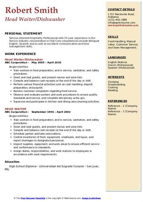 Head Waiter Resume Samples Qwikresume