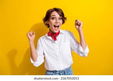 Portrait Glad Delighted Lady Raise Fists Stock Photo 2367053015