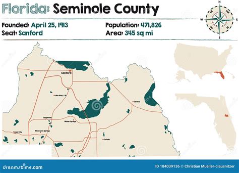 Map Of Seminole County In Florida Stock Vector Illustration Of Lakes