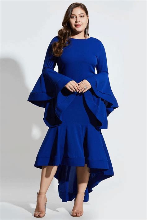 Plusee Plus Size Royal Blue Ruffle Bell Sleeve Bodycon Dress Bell