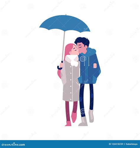 Vector Illustration Of Loving Couple Kissing Under Umbrella In Flat Style Isolated On White