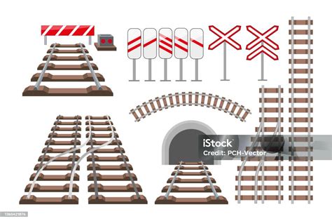 Ilustración De Conjunto De Ilustraciones Vectoriales De Vías Férreas Y Señales Ferroviarias Y