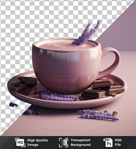 Transparent Psd Picture Steaming Hot Chocolate On A White Plate With A Purple Flower Placed On A