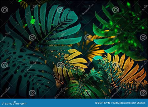 Dark Green Tropical Small Leaves Colorful Neon Light Premium Background 03 Stock Illustration