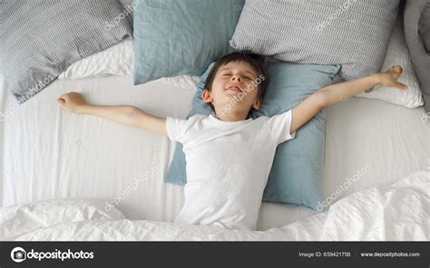 Cute Little Boy Lying Bed Stretching Hands Yawn Child Waking — Stock