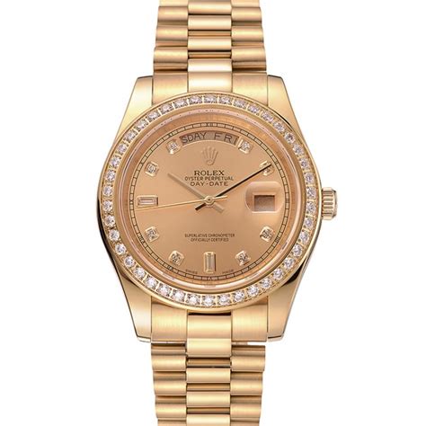 Schweizer Rolex Day Date Champagner Dial Diamond Bezel Gold Bracelet