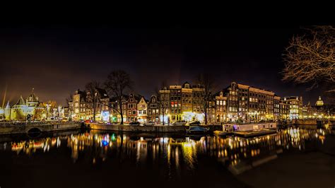 Amsterdam Canal Night Time Amstel River In The Netherlands Europe 4k ...