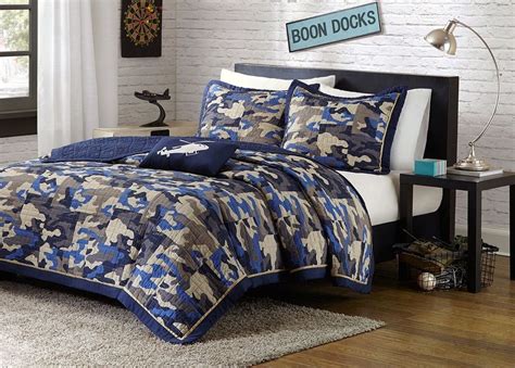 Camo Blue Full Queen Quilt Set Camouflage Military Army Marine