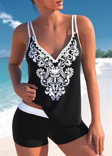 Rotita Black Double Straps Tribal Print Tankini Top Rotita Usd