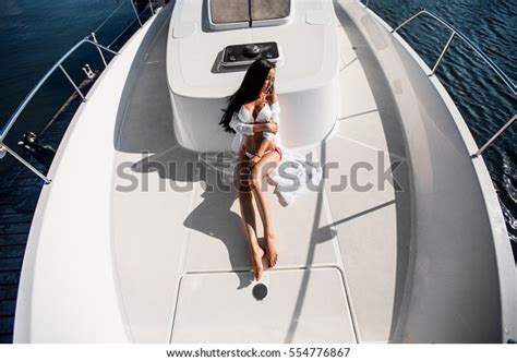 Sexy Brunette Girl White Swimsuit On Stock Photo 554776867 Shutterstock