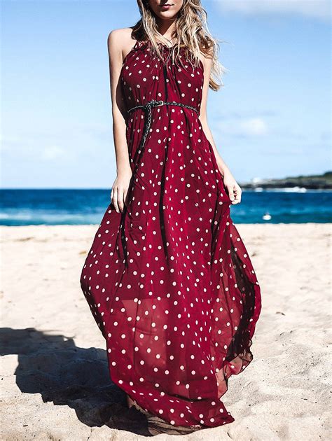 Alluring Keyhole Neckline Polka Dot Womens Maxi Dress With Belt Wine