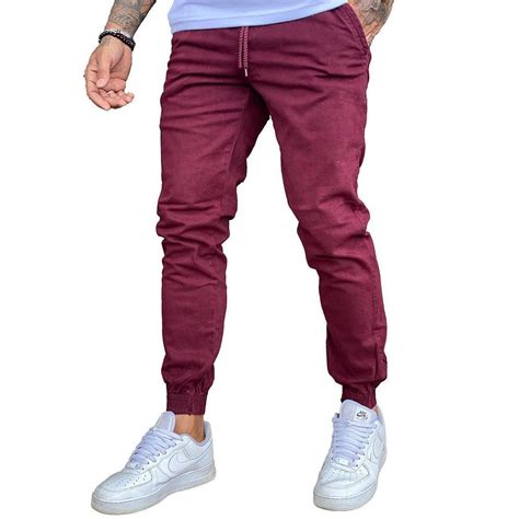 Calça Jogger Jeans Sarja Masculina Com Punho Cós Elástico Vinho