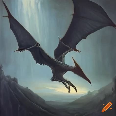 Oil Painting Of A Pterodactyl Dragon Flying Over Sunlit Lands