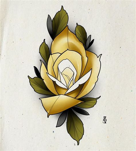 A Drawing Of A Yellow Rose With Green Leaves