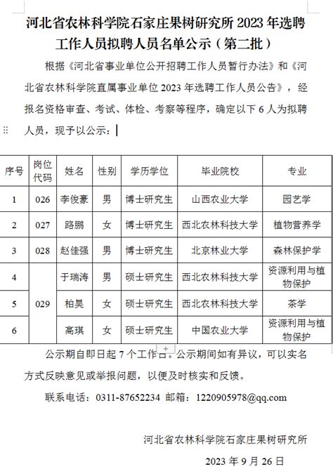 河北省农林科学院石家庄果树研究所2023年选聘工作人员拟聘人员名单公示（第二批） 河北省农林科学院石家庄果树研究所2023年选聘工作人员拟聘