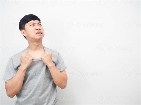Man Feeling Heat Stroke With Hot Weather Gesture Looking At Copy Space Stock Photo At