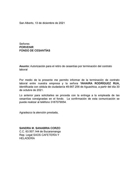 Modelo Carta Terminacion De Contrato Laboral A Termino Fijo En Colombia