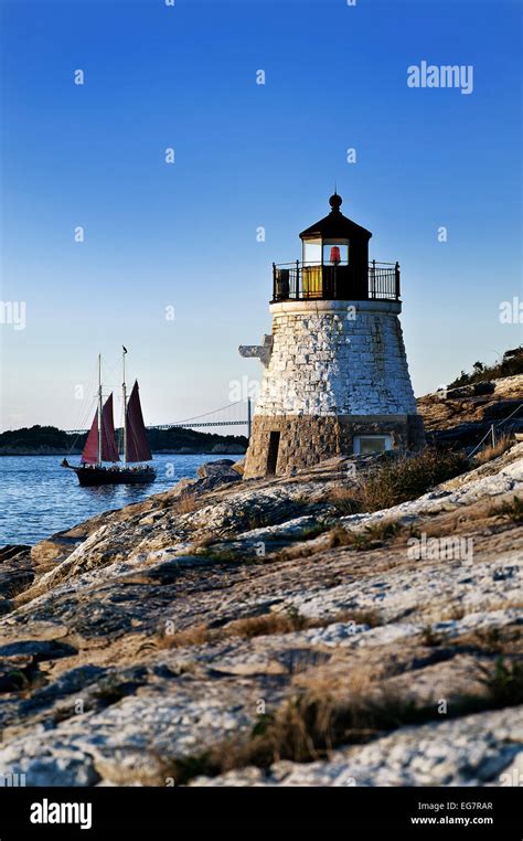 Castle Hill lighthouse overlooking Narragansett Bay, Newport, RI, Rhode ...