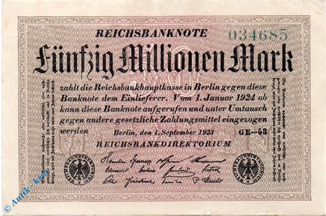 Weimarer Republik Mio Mk Reichsbanknote Millionen Mark