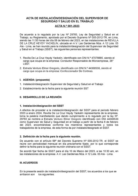 Modelo DE ACTA DE Supervisor Revilla ACTA DE INSTALACIÓN