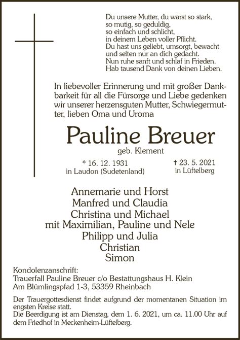 Traueranzeigen Von Pauline Breuer WirTrauern