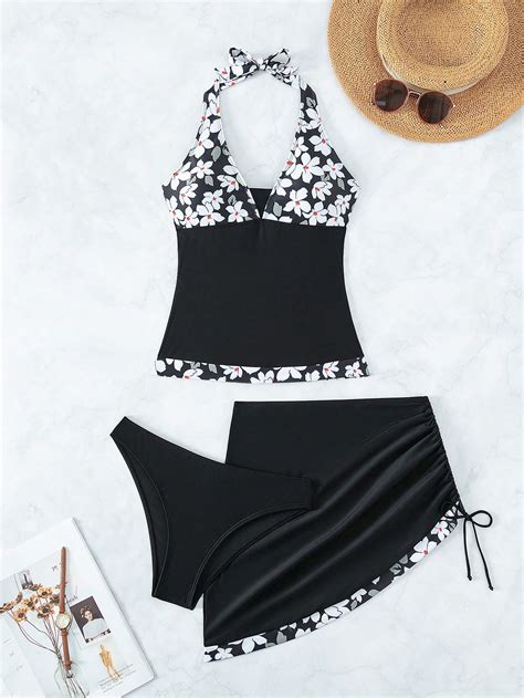 SHEIN Swim Classy Floral Print Halter Bikini Swimsuit With Beach Skirt