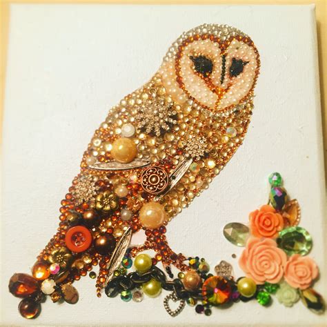 Mixed Media Button Art Barn Owl Costume Jewelry Crafts Vintage