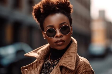 Premium Ai Image African Chic Business Girl In Coat And Sunglasses