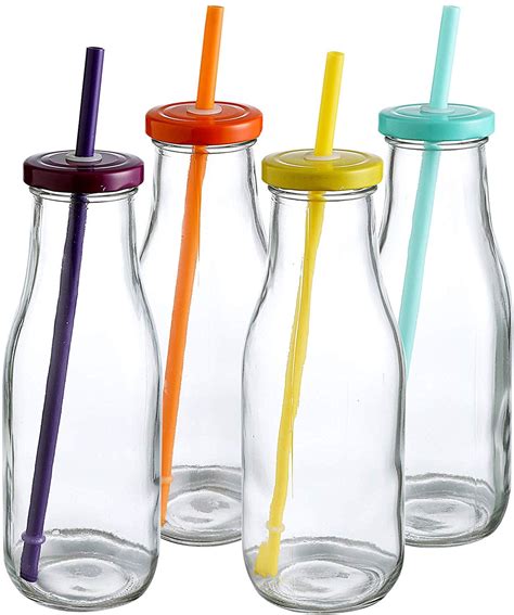 14 Oz Glass Milk Bottles with Colorful Metal Twist Lids and Straws, BPA ...