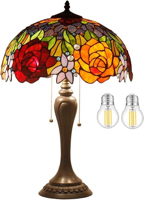 Werfactory Tiffany Table Lamp Stained Glass Bedside Lamp Red Rose