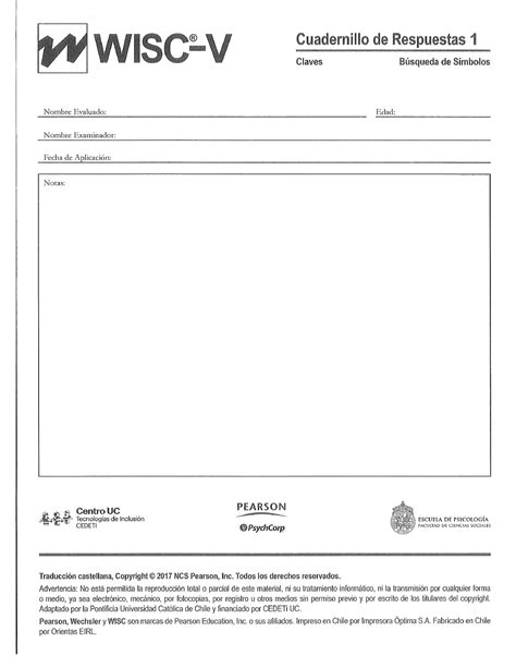Wisc V Cuadernillo Claves Y Busqueda De Simbolos Psicolog A Cl Nica I