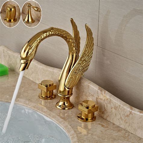 Swan Shape Dual Handle Golden Washing Basin Faucet Widespread Deck Mounted Bathroom Basin Mixer