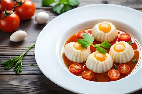 Premium AI Image | a plate of eggs with tomatoes and basil.