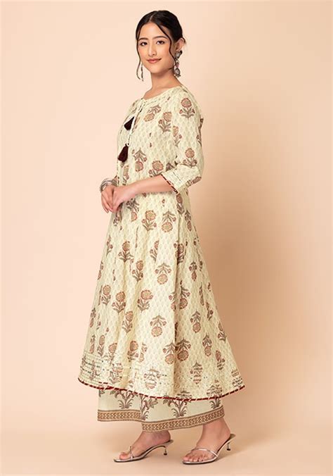 Buy Women Ivory Floral Print Cotton Anarkali Kurta With Pants And