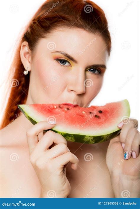 Beautiful Nude Redhead Woman Eating A Slice Of Watermelon Concept Of