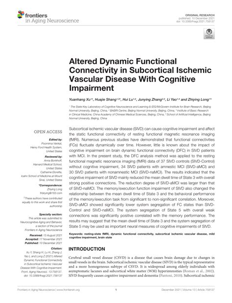 Pdf Altered Dynamic Functional Connectivity In Subcortical Ischemic Vascular Disease With