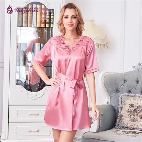 Yuzihua V Neck Mini Dresses Nightie Satin Nightdress Silk Dress Autumn