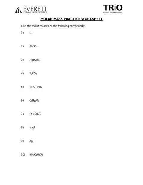 Molar Mass Worksheet - Everett Community College - Worksheets Library