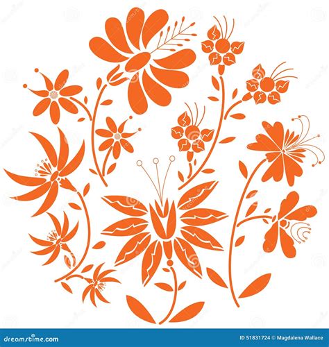 Floral Folk Pattern in Circle Containing Set of Orange- Red Color Flowers Stock Vector ...