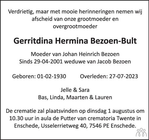 Gerritdina Hermina Bezoen Bult 27 07 2023 Overlijdensbericht En