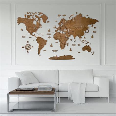 Wooden World Map Wall Led Etsy