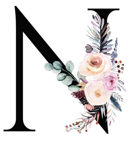 Letra N Decorada Com Buquê De Inverno Aquarela Feito De Flores Pastel E