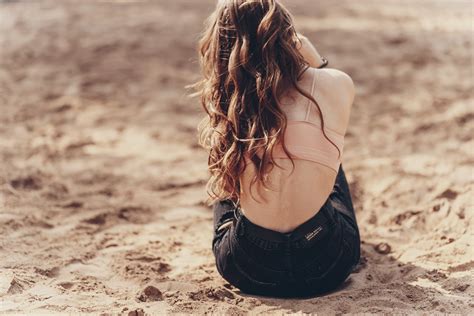 Wallpaper Model Brunette Long Hair Short Tops Back Torn Jeans Sitting Depth Of Field