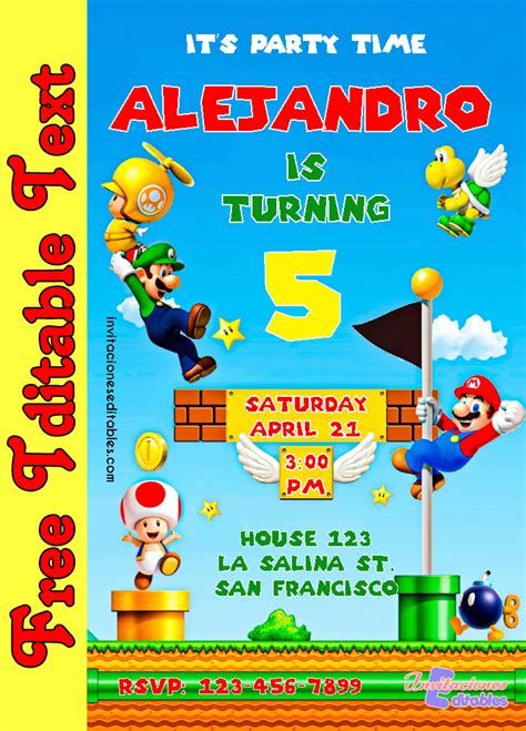 Free Editable Template Mario Bros Invitation