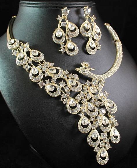 Peacock Clear Austrian Rhinestone Crystal Necklace Earrings Set Bridal