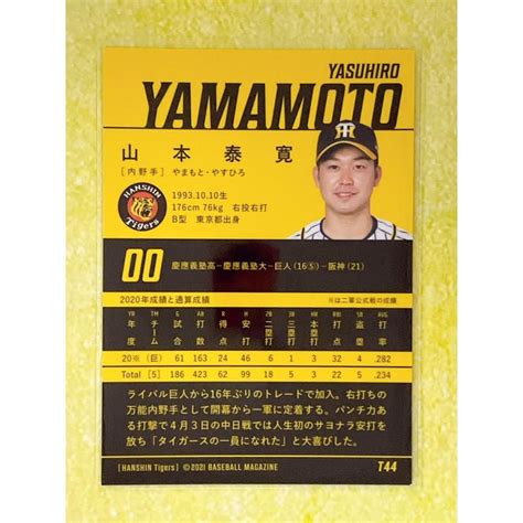 Bbm2021 阪神タイガース レギュラーカード T44 山本泰寛 Bbm 2021 Tigers 054nikotto Yahoo