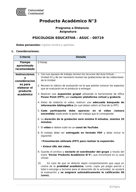 Psicología Educativa PA03 Rúbrica Producto Académico N Programa a