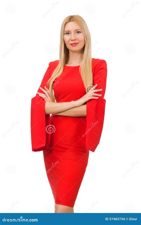 Pretty Woman in Red Dress Isolated on the White Stock Photo - Image of ...