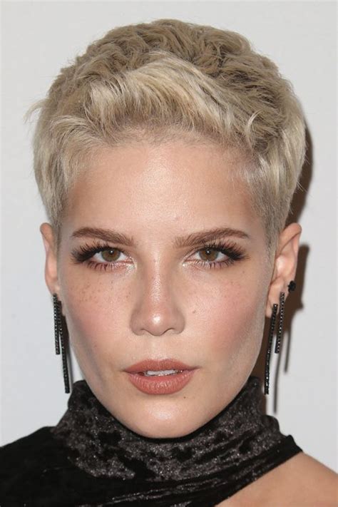 Halsey Straight Platinum Blonde Pixie Cut Hairstyle Steal Her Style